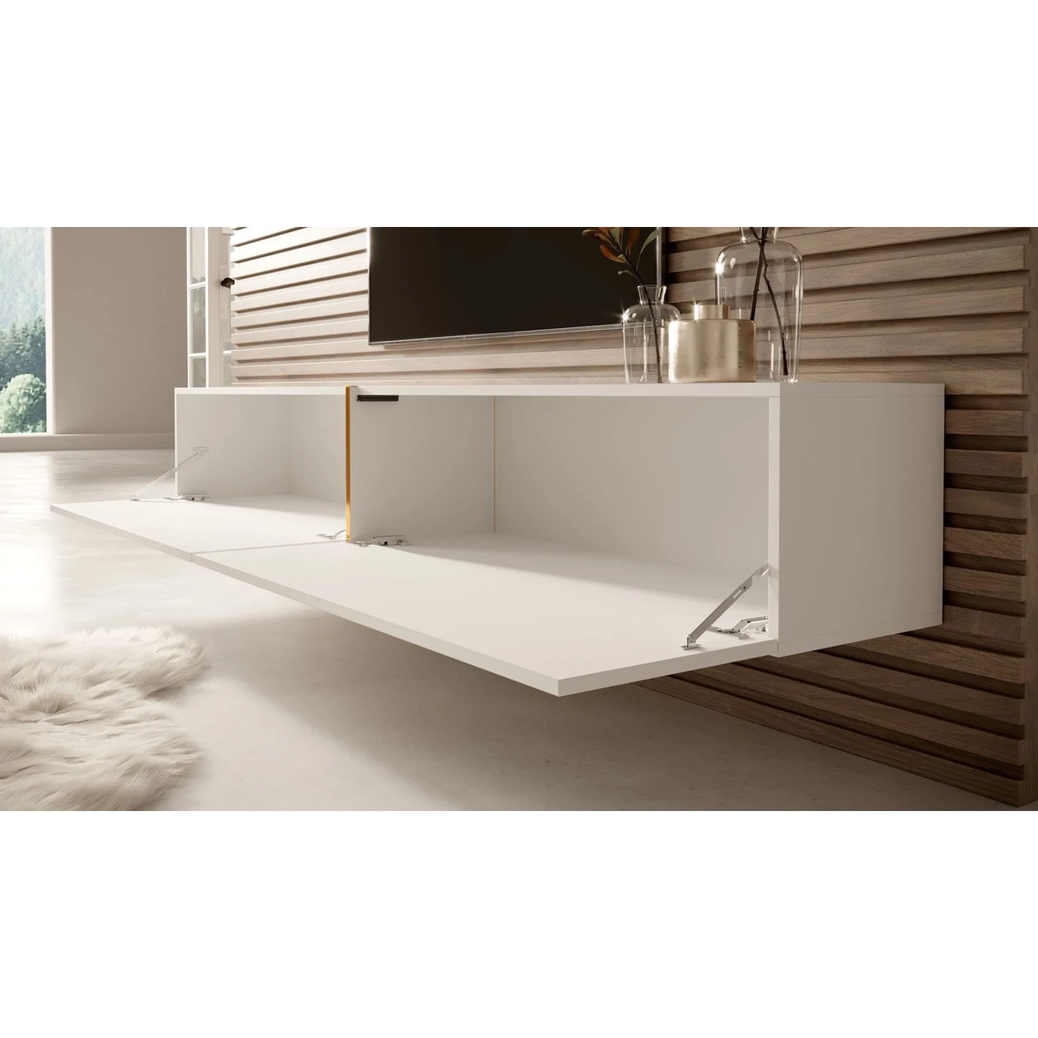 Weißes Selsey Bisira TV-Hängeboard 200 cm mit goldenem Einsatz und offenen Klapptüren, modern an der Wand montiert.