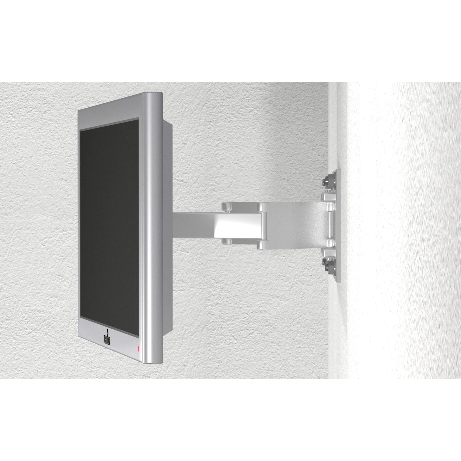 TV-Wandhalterung in Silber mit montiertem Bildschirm an einer weißen Wand.