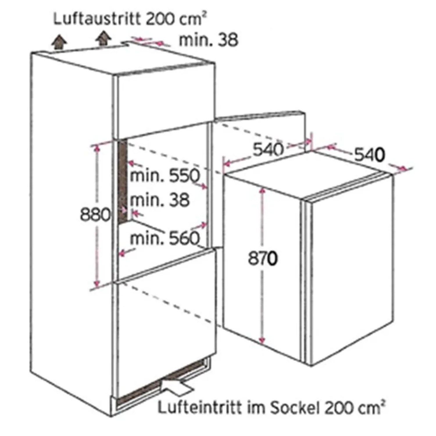 Skizze der Küchenzeile Mailand, weiße Schränke mit Maßangaben für Planung.