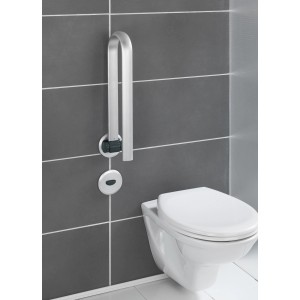 Wenko klappbarer Badstützgriff Secura Premium aus Aluminium neben einem WC an grauer Wand.