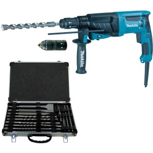 Makita Bohrhammer HR2630TX mit Bohrer- und Meißelset im Koffer.