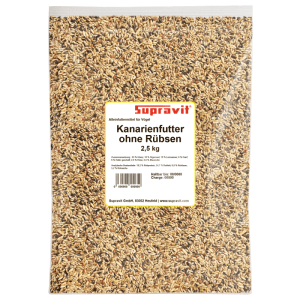 SUPRAVIT Kanarienfutter ohne Rübsen, 2,5 kg, in transparenter Verpackung mit Produktetikett.