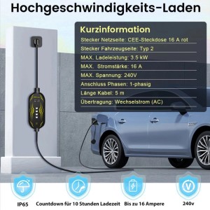Schwarzes Junsun Ladekabel Typ 2 (3.6kW, 5m) mit Steuerung lädt ein blaues Elektroauto. Tragbares EV Ladegerät.