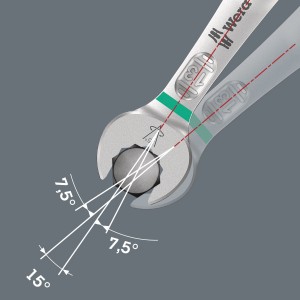 Wera Joker Ringmaulschlüssel 15mm mit spezieller Maulgeometrie für enge Räume.