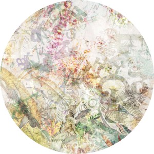 Selbstklebende, runde Komar Vliesfototapete Dot Round Stories (Ø 125 cm) mit floralem Muster und Schriftzügen.