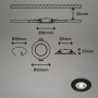 Skizze und montierte Brilo LED-Einbauleuchte Kulana, dimmbar, 4,9W, schwarz matt, mit Maßangaben.