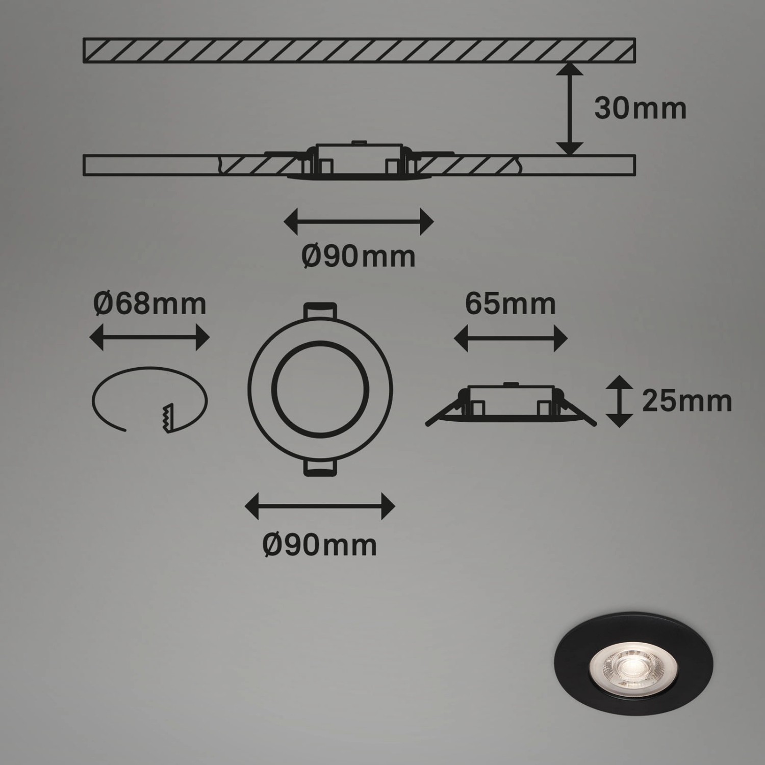 Skizze und montierte Brilo LED-Einbauleuchte Kulana, dimmbar, 4,9W, schwarz matt, mit Maßangaben.