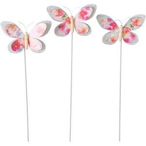 Boltze Gartenstab Garden Karella, 3er Set, Schmetterlinge mit Blumenmuster, Gartendekoration.