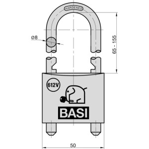 Technisches Diagramm des Basi Vorhangschlosses VHS 612V. Messinggehäuse 50 mm, verstellbarer, gehärteter Stahlbügel Ø8 mm, Höhe 65-155 mm.