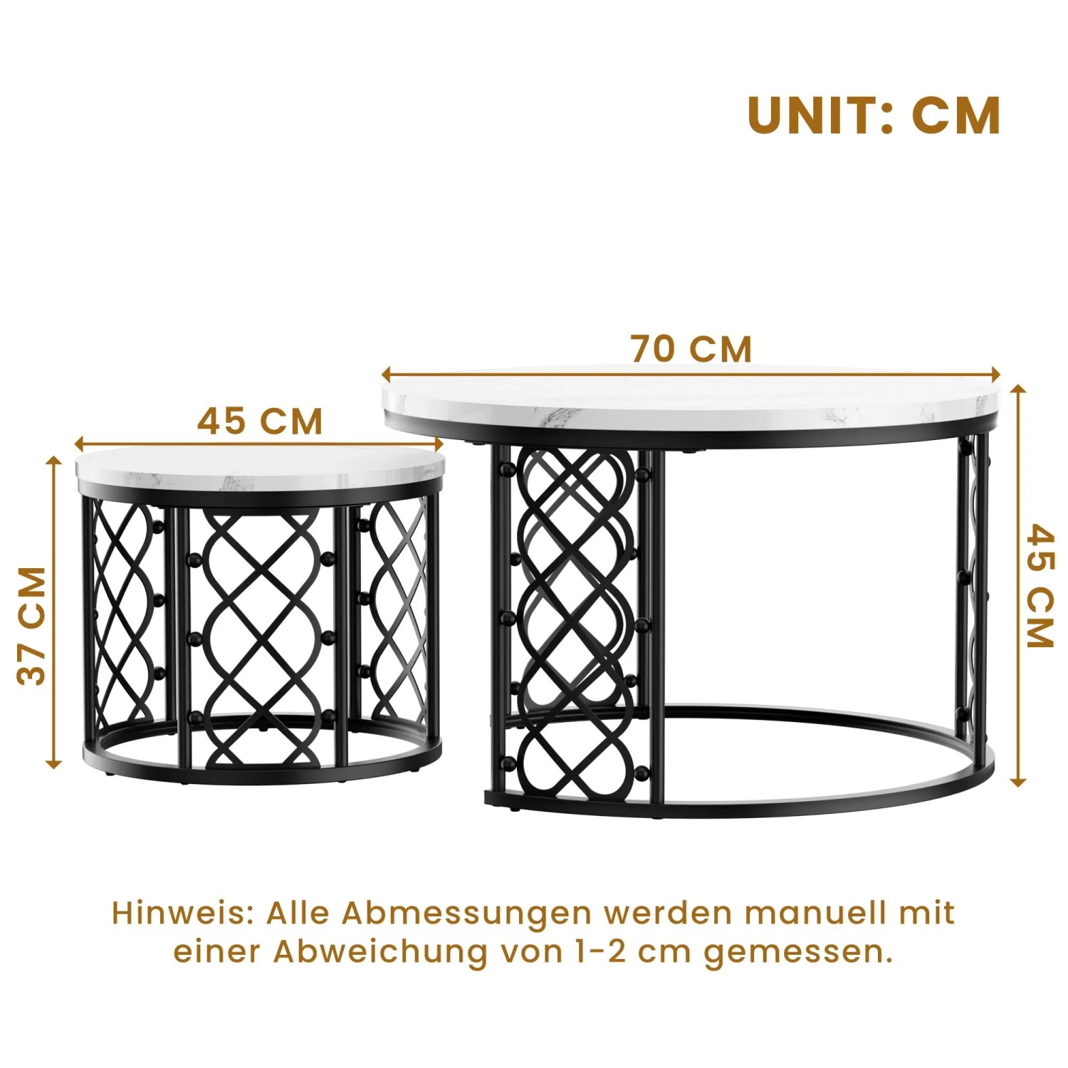 okwish Couchtisch mit 2er-Set Satztische Wohnzimmer 70x 70x 45cm Weiß Schwarz_5