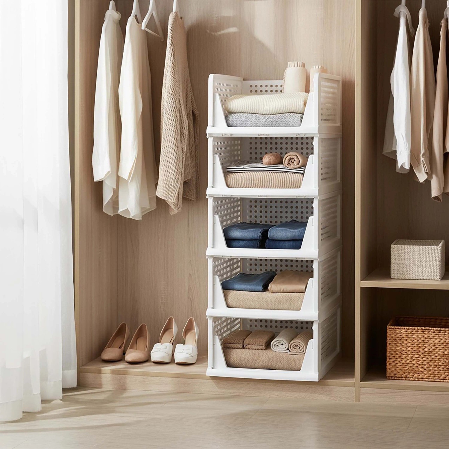Relaxdays Kleiderschrank Organizer 5er Set Polypropylen Weiß Faltbar Stapelbar Herausziehbar kaufen bei OBI