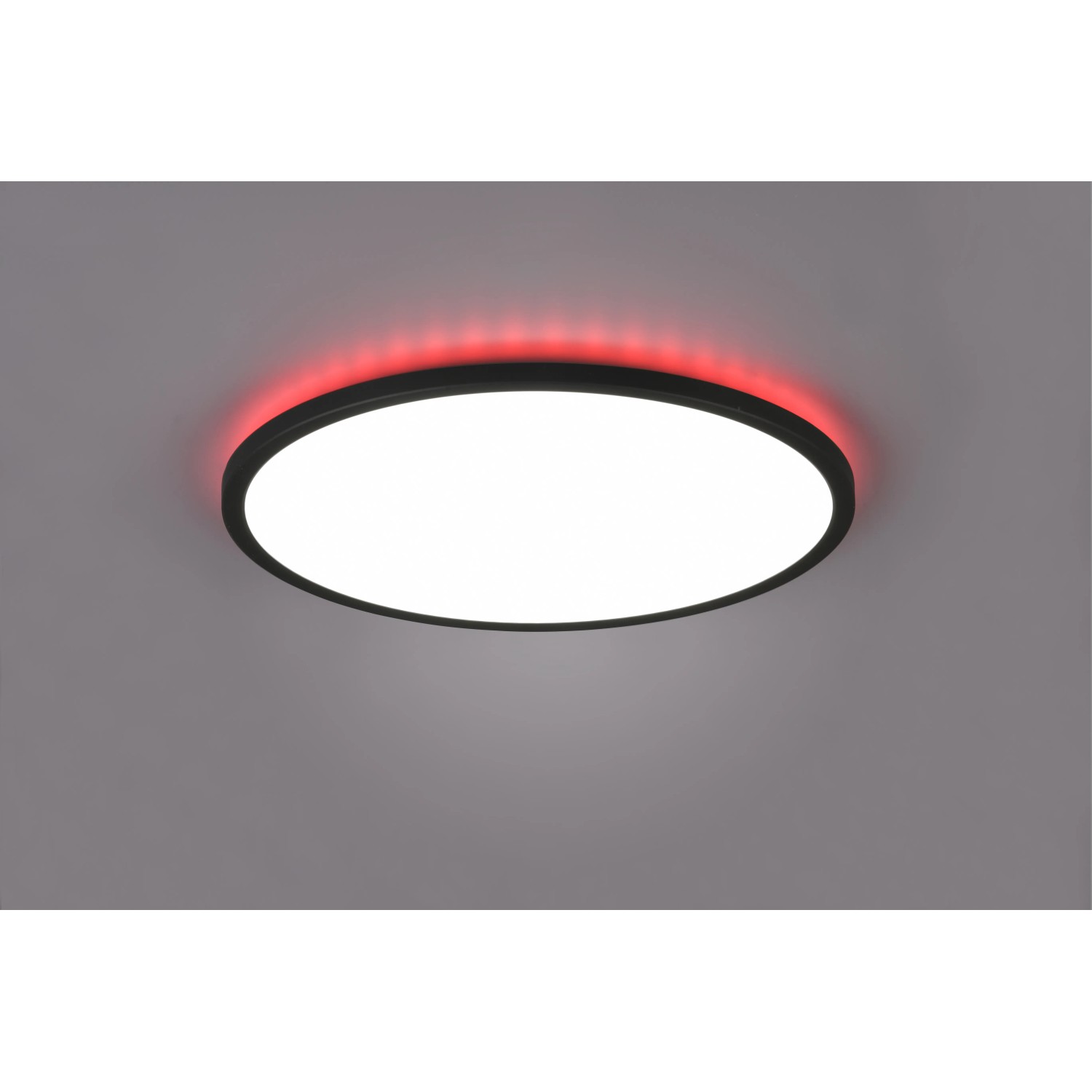 Schwarze Reality LED-Deckenleuchte Aureo, Ø 40cm, mit RGB-Hintergrundbeleuchtung für stimmungsvolles Licht.