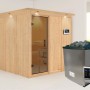 Karibu Sauna Rikka mit Ofen und LED-Dachkranz in Graphit Natur. Massivholzsauna mit Ofen und externer Steuerung.