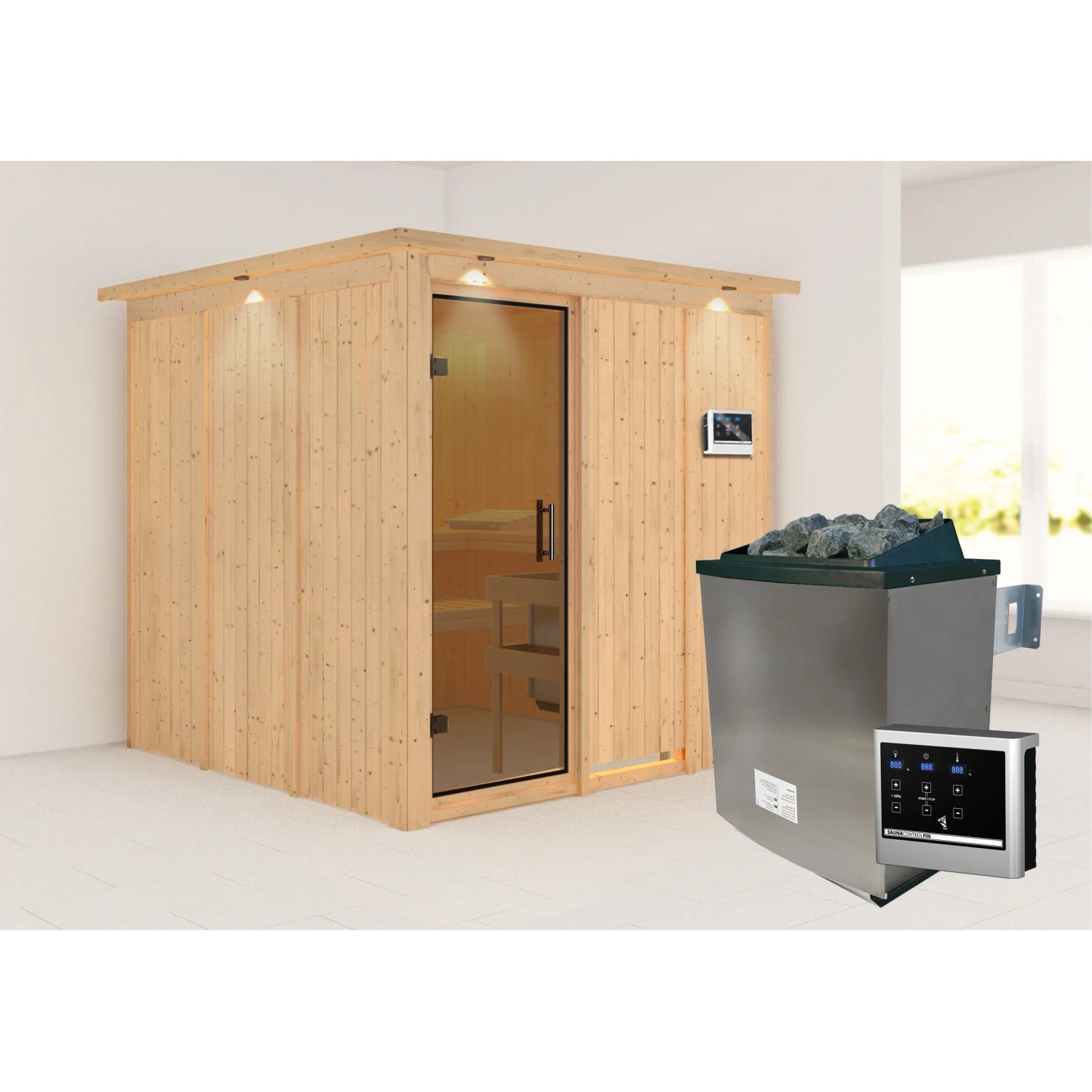 Karibu Sauna Rikka mit Ofen und LED-Dachkranz in Graphit Natur. Massivholzsauna mit Ofen und externer Steuerung.