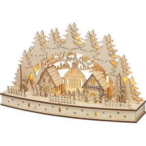 Holz Winterdorf LED-Figur mit warmweißen Lichtern, detailreiche Weihnachtsdekoration für Innenräume.