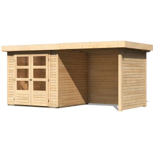 Karibu Holz-Gartenhaus Boras, unbehandelt, mit Anbau und Doppeltür. Ideal zur Aufbewahrung im Garten.