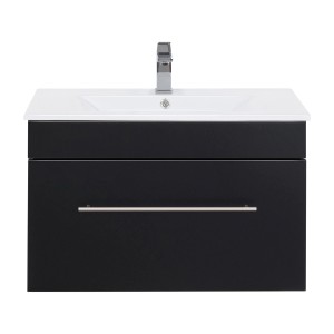 Posseik Waschplatz Viva 75 cm, schwarz seidenglanz mit weißem Keramikwaschbecken und Schublade.