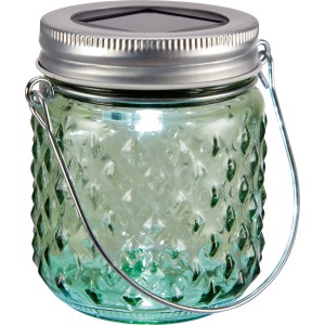 Grünes Solar LED Glas, 7x8 cm, mit Henkel. Dekorative Solarleuchte für Garten und Balkon.