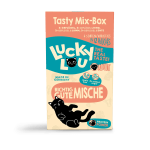 Lucky Lou Katzen-Nassfutter Adult Tasty-Mix, 12x125g Packung mit Geflügel, Rind, Lamm und Ente.