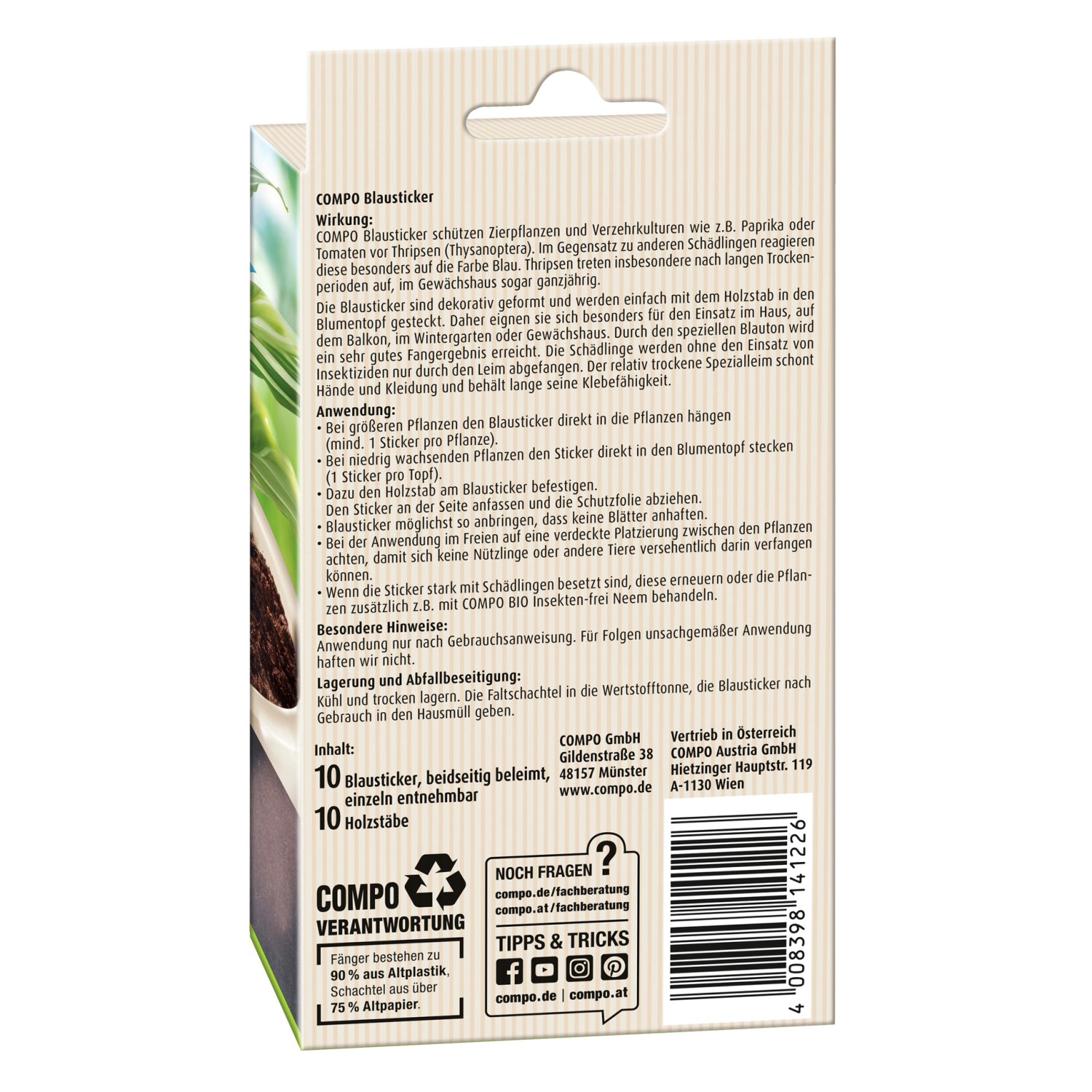 Compo Bio-Blausticker, 10er-Packung zur Schädlingsbekämpfung an Zierpflanzen.