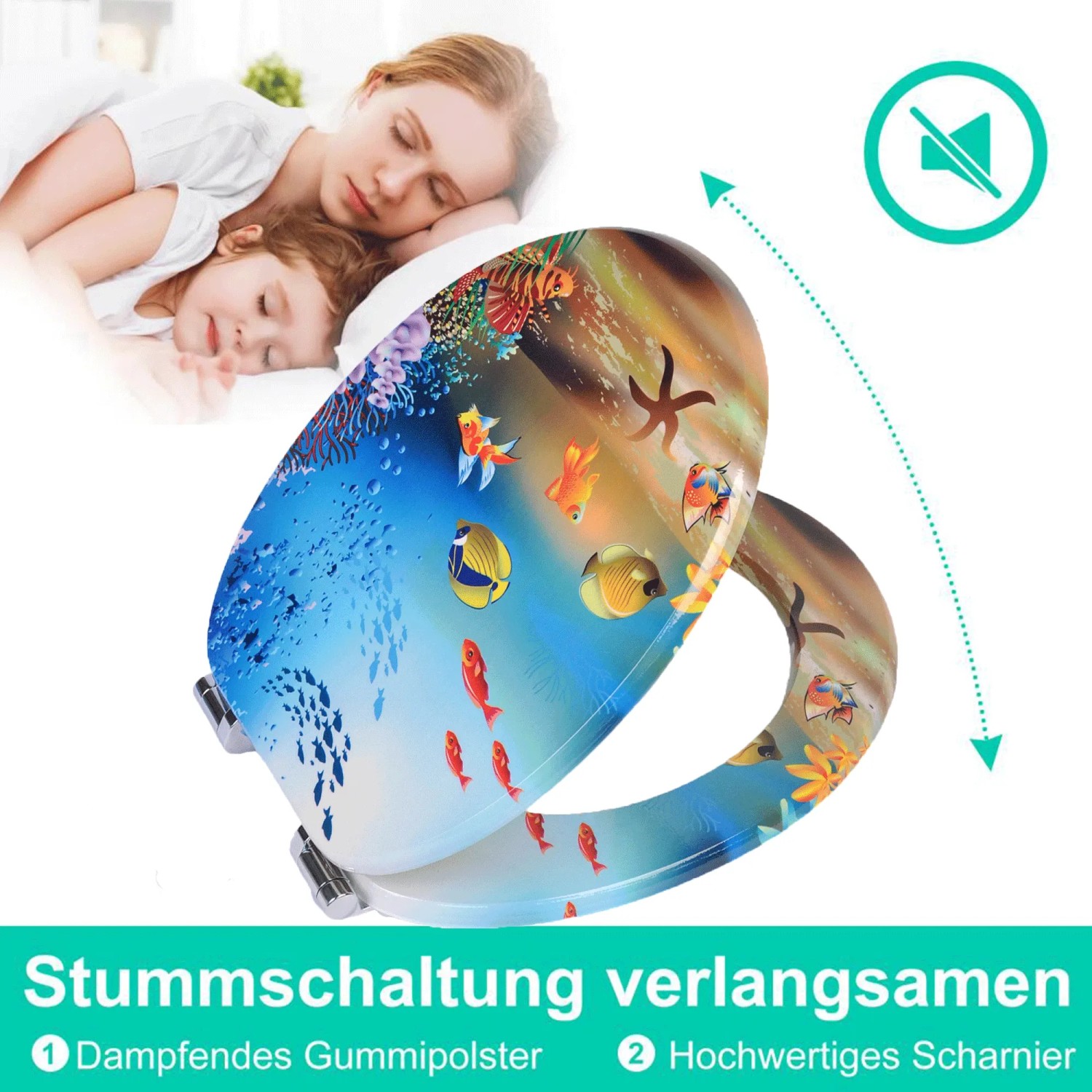 Ovaler Sinobath WC-Sitz mit Unterwasserwelt-Fisch-Design und Absenkautomatik für leises Schließen.