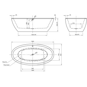 Technische Zeichnung: Ottofond Whirlpool Latina, 190x94 cm, Maße und Details für Installation.