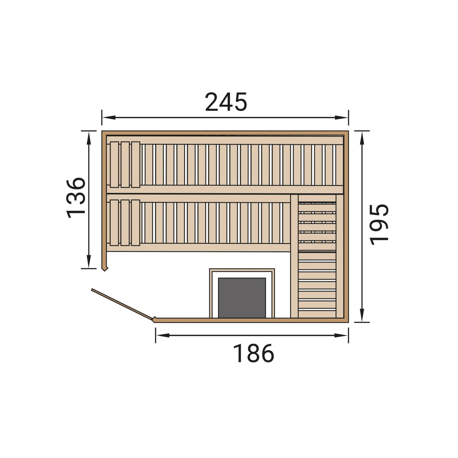 Grundriss der Weka Massivholzelementsauna Kemi Eck 2 mit Maßen und Türposition.