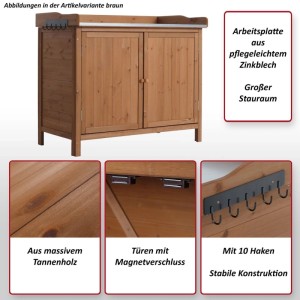 Brauner MCW Gartenschrank mit Zink-Arbeitsplatte und Stauraum aus Tannenholz, 86x104x52 cm.