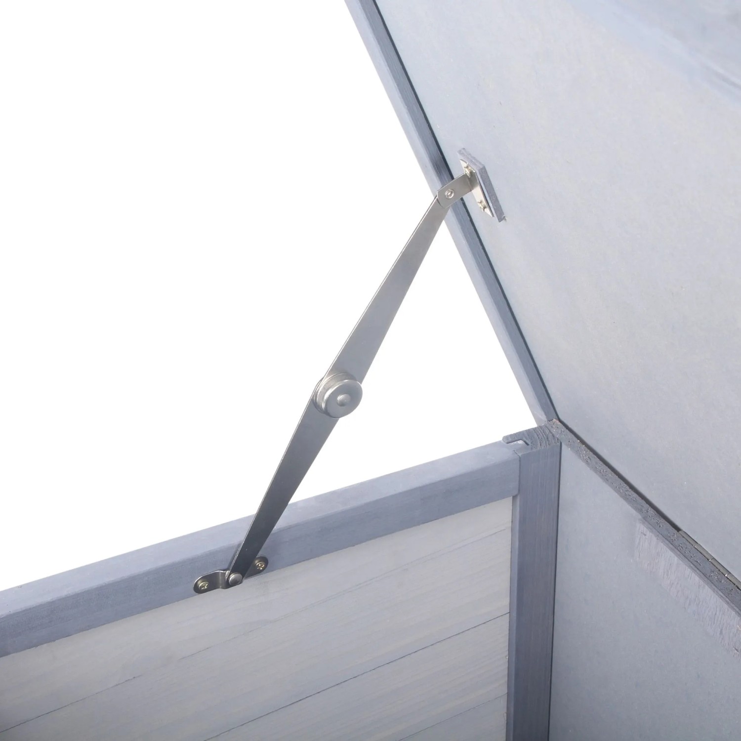 Grauer PawHut Hasenstall aus Tannenholz, Deckel mit Metallscharnier offen. Detail des Kleintier Freilaufgeheges.