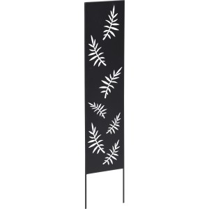 Schwarzer Gartenstecker Panel, 75 cm hoch, mit Blätter-Lochmuster als Gartendekoration.