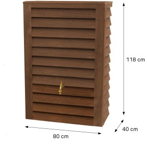 Garantia WOODY JR Wandtank 300 l Darkwood in Holzoptik mit Messinghahn und Maßangaben.