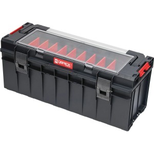 QBRICK Werkzeugkoffer PRO 700 Expert: Werkzeugkiste mit transparentem Deckel und roten Fächern.
