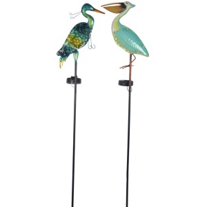 Mehrfarbiger Boltze Solar-Gartenstab mit 2 Vogelmotiven als Gartendekoration.