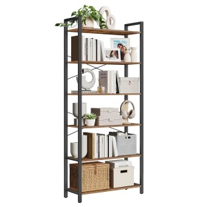 Songmics Regal Barnet mit 6 Ebenen in Braun-Schwarz, Bücherregal mit Deko.