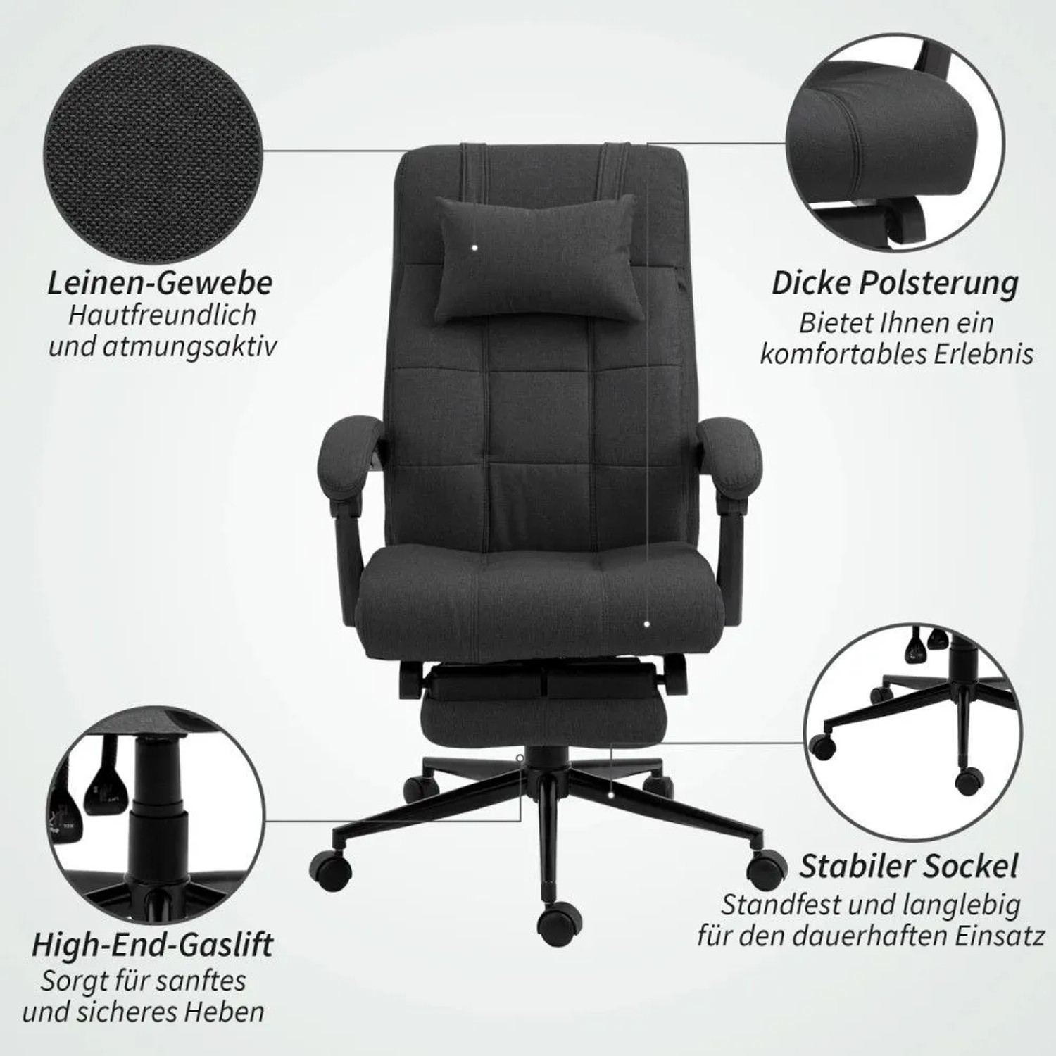 Schwarzer ergonomischer Vinsetto Bürostuhl mit Leinenoptik, Fußstütze, Kopfkissen, dicker Polsterung und Rollen.