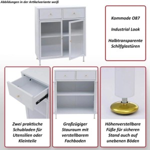 Weiße MCW Kommode O87 mit Schilfglastüren, goldfarbenen Griffen und Füßen.