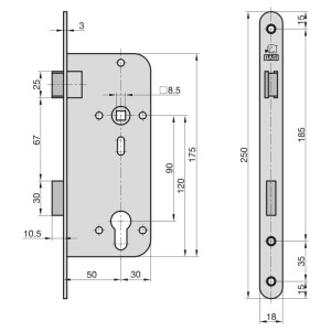 Basi Einsteck Zimmertürschloss ES 922, technische Zeichnung mit Maßen. Metallschloss mit Buntbartlochung, 18 mm abgerundeter Stulp.