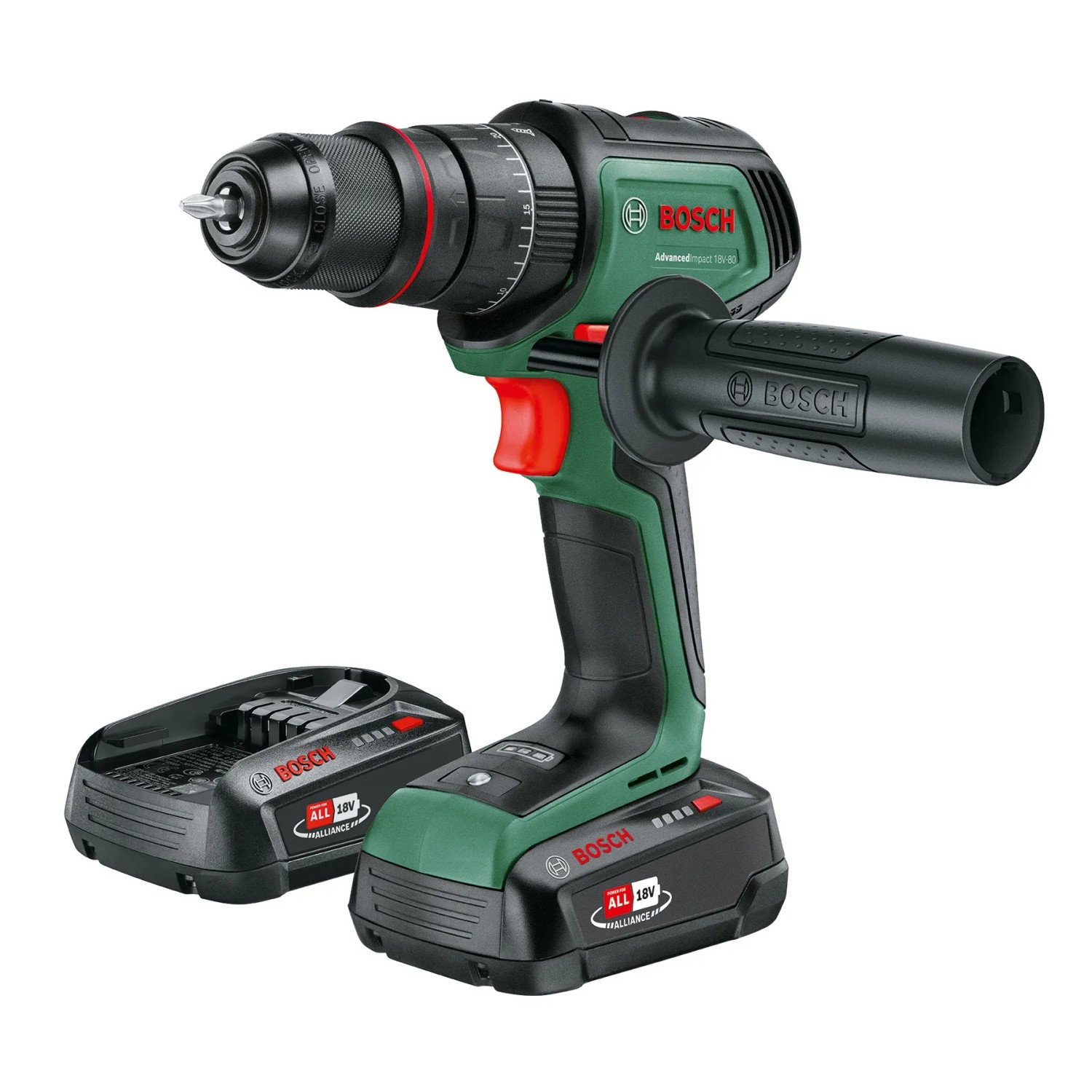 Bosch Advanced Impact 18V-80 Akku-Schlagbohrmaschine mit Akku und Ladegerät.