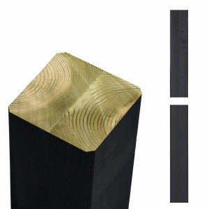Schwarzer Zaunpfosten aus Leimholz Kiefer, 9x9x98 cm, mit geradem Kopf für Zaunbau & Sichtschutz.