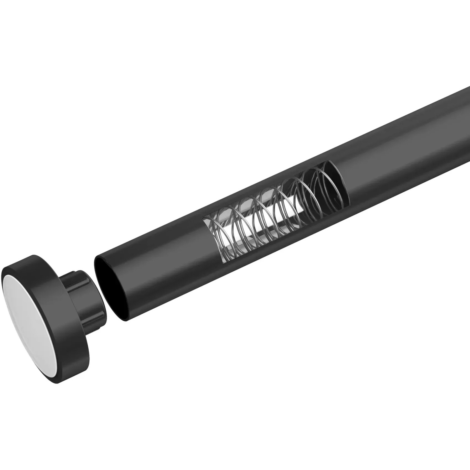 Detailaufnahme: Schwarze, ausziehbare Wenko Duschvorhangstange Luz mit sichtbarer Feder.