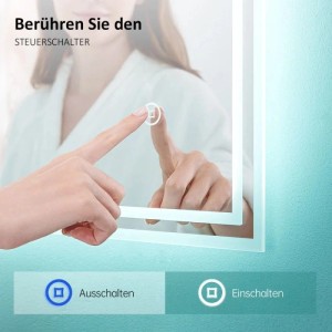 Hand bedient Touchschalter des Emke LED Badspiegels. Beleuchtung und Farbtemperatur lassen sich so steuern.