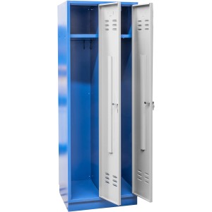 Güde Garderobenschrank TYP GS 2, blau-grau, mit zwei offenen Spinden, Fachboden und Kleiderhaken.
