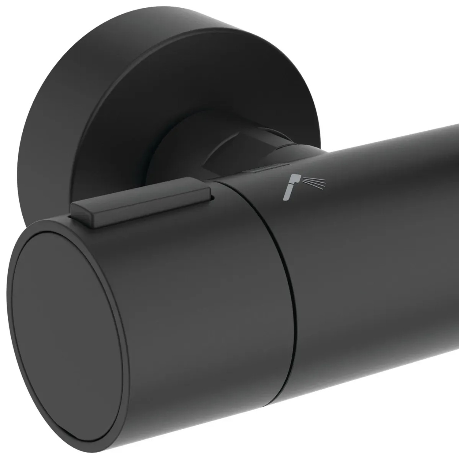 Detailaufnahme des Ideal Standard Thermostats in Schwarz Matt für Duschpaneele.