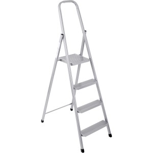 Stahl-Haushaltsleiter mit 4 Stufen, silberfarben, für sicheren Stand im Haushalt.