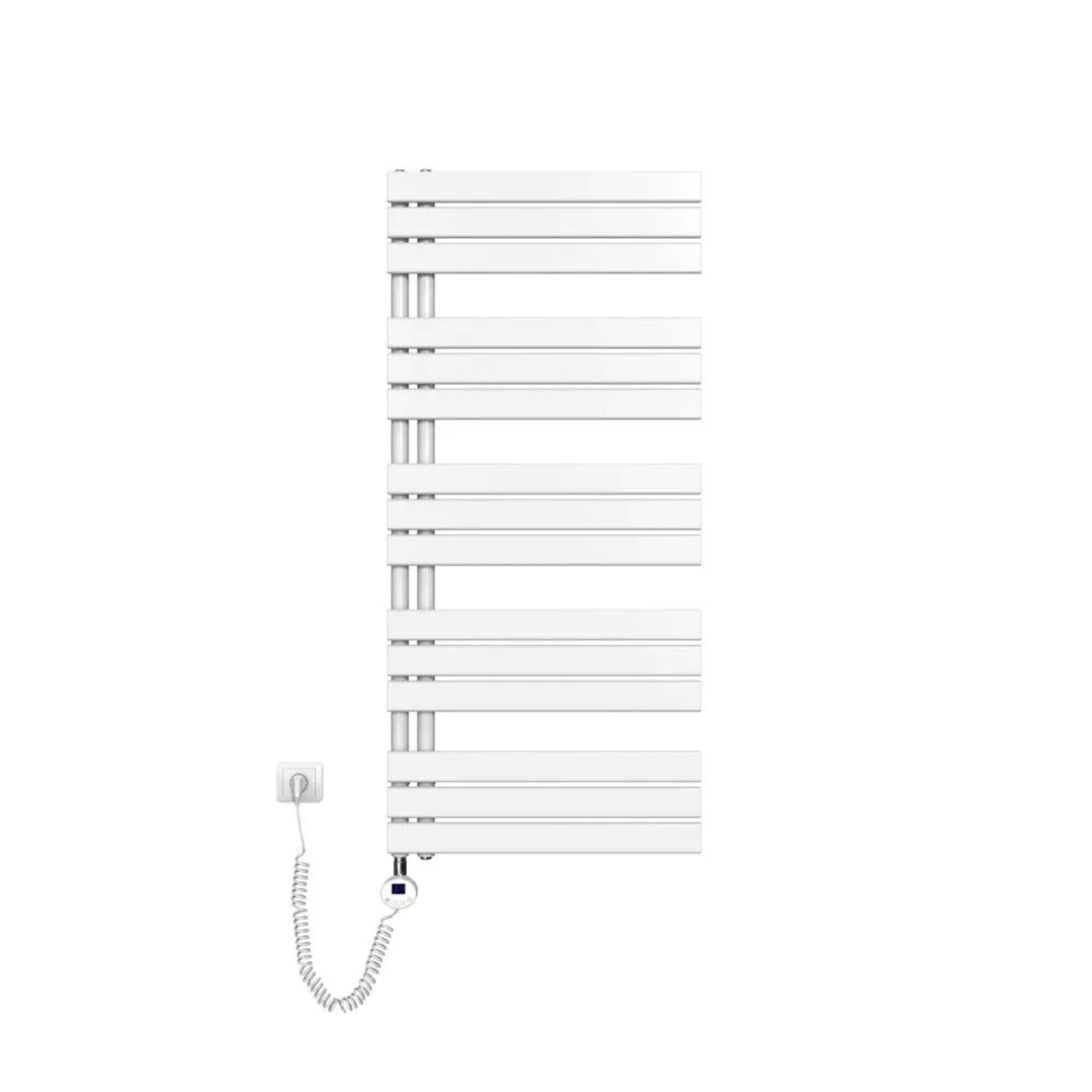 Weißer elektrischer Badheizkörper 60x132cm mit Thermostat und Timer. Flache Querstreben als Handtuchwärmer.