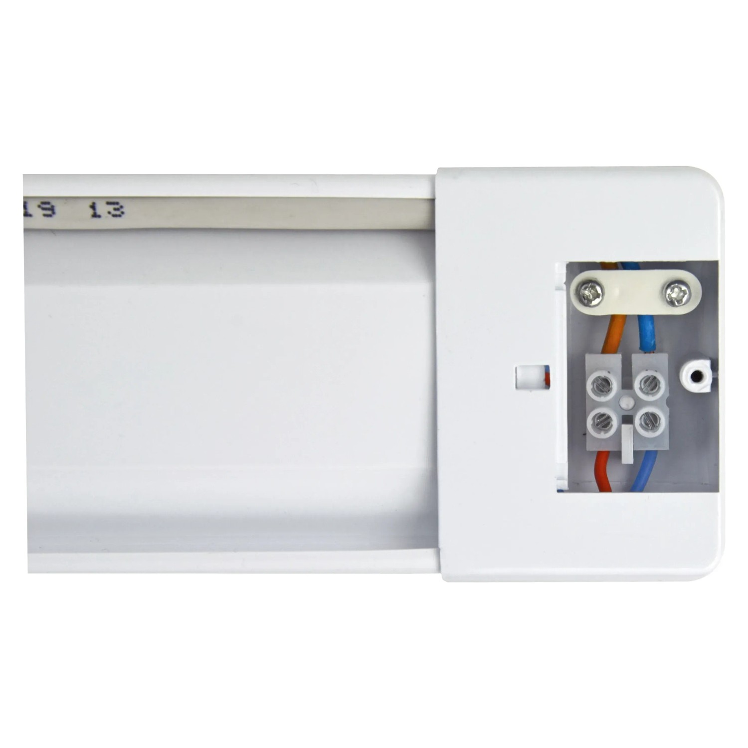 Detailaufnahme der weißen E2 Elektro LED-Lichtleiste Flat S 10W mit Anschlussklemmen.