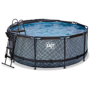 Grauer EXIT Stone Pool Ø360x122cm mit Sandfilterpumpe, Abdeckung und Leiter.
