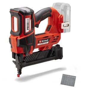 Einhell Akku-Nagler Fixetto 18/50 N: Akku-betriebene Nagelpistole in Rot/Schwarz mit Nägeln.