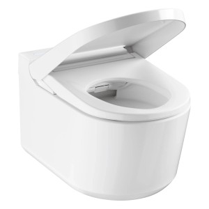 Grohe Sensia Dusch-WC weiß, wandhängend, mit geöffnetem Deckel. Modernes Design für Badhygiene.