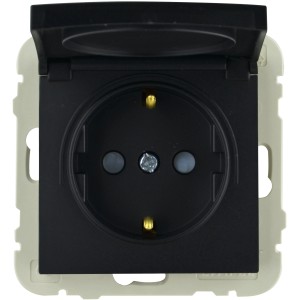 Schwarzer Logus IP44 Steckdoseneinsatz 1-fach mit Klappdeckel für Feuchträume.